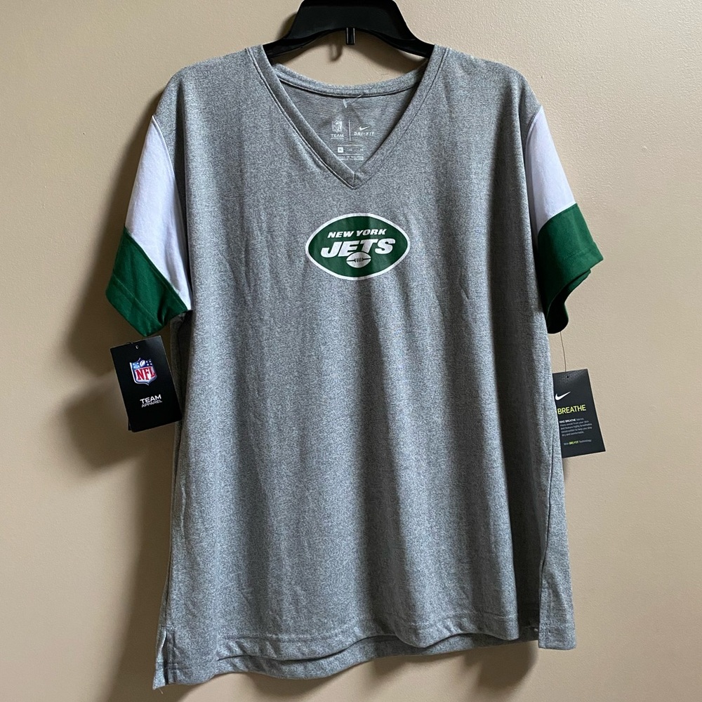 NWT/ NFL NEW YORK JETS WOMENS DRI-FIT/V-NECK T - SHIRT/ GRAY - GREEN/ XL.NWT